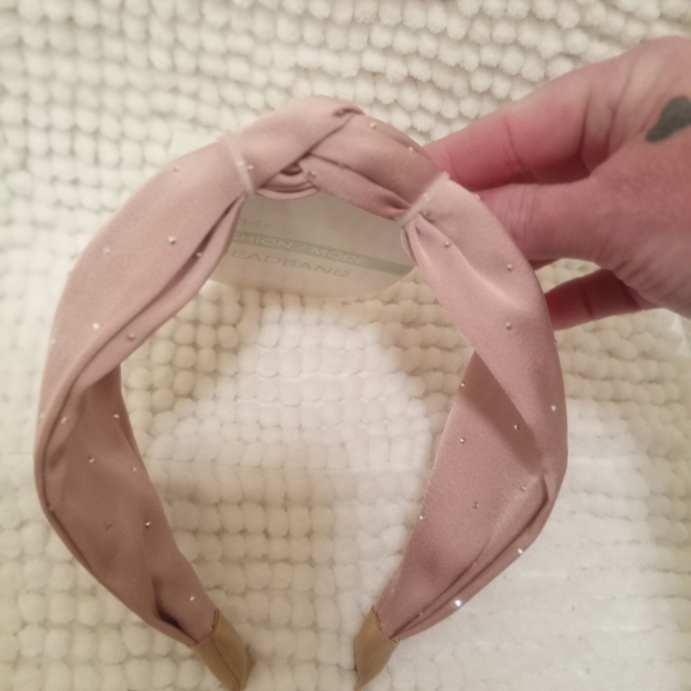 Dusty Rose Satin Rhinestone Knotted Wide Headband - Picture 9 of 14